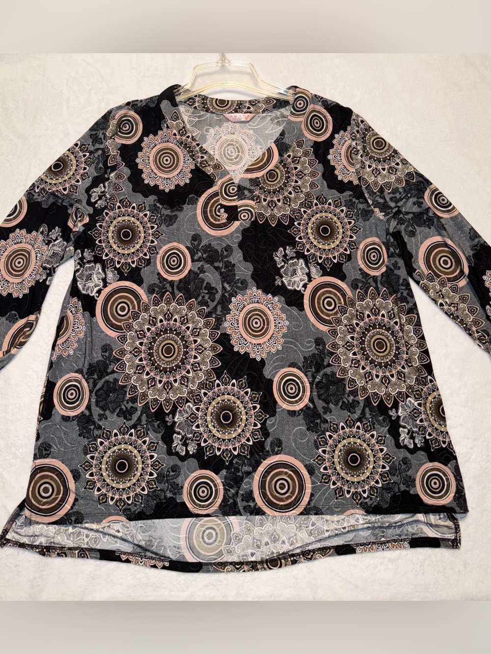 Amana Mandala Paisley Print 3/4 Sleeve‎ Tunic Blouse - Neutral & Pink - V Neck